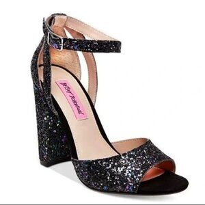 BETSEY JOHNSON Black Rainbow Glitter Ankle Strap Block Heels Sz 9 Rockabilly